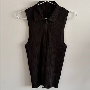 PLEATS PLEASE Dark Brown Collared Sleeveless Zip Up